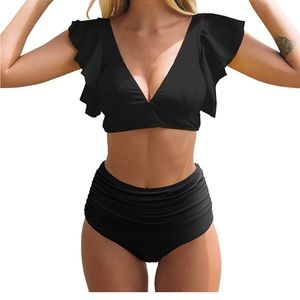 SPORLIKE Women Ruffle High Waist Swimsuit
